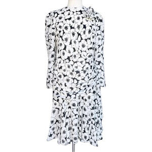 LIZ ROBERTS Women’s Size 10 Black White Floral Rose Bow Ruffle Vintage Dress